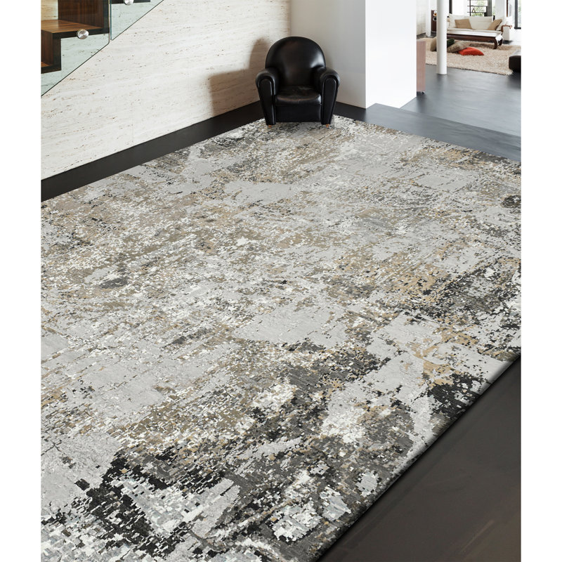 Abstract Area Rug in Gray/White, Rectangle 12' x 15', Silver/Gray/Black