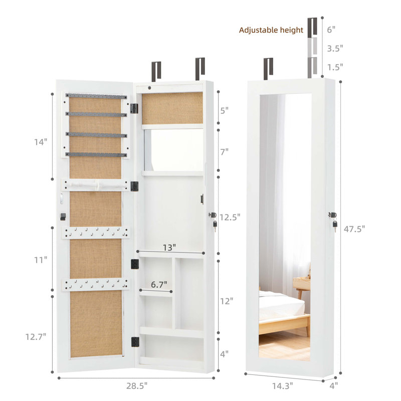 Armoire-penderie pour armoire à bijoux en bois massif avec miroir pleine longueur, 47,5 x 14,3 po, verrouillable au mur avec lumière DEL