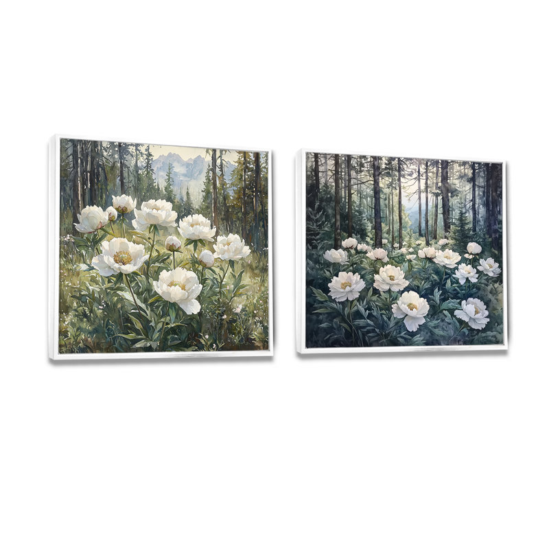 Pivoines dans la forêt alpine I - décoration murale pivoines - art mural traditionnel 2 pièces, H 36 po x l 73 po, Blanc