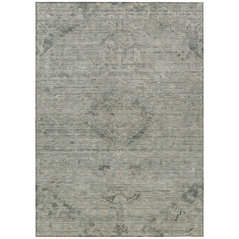 3' X 5' Sage And Beige Floral Washable Indoor Outdoor Area Rug
