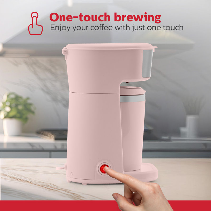 Holstein Housewares Personal Single Serve Coffee Maker Includes 14Oz. Stainless Steel Interior Thermal Travel Mug, Pink