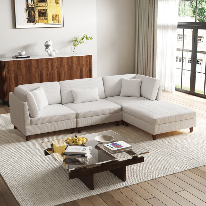 4 - Piece Upholstered Beige Corduroy Modular Sectional with Pillow Back and Removable Ottoman, Beige Corduroy