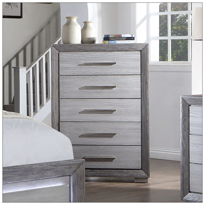 1pc Commode de style transitionnel, pieds en métal, glissières à billes, poignées de bar, finition grise