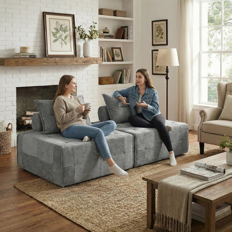 Modular Square Compression Sofa Chair, No Assembly Required Single Seater Lounge With Back Pillow,  Multi-Functional Lazy Sofa Chair For Living Room, Bedroom, Guest Room, Set Of 2