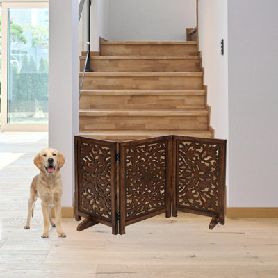 3-Panel Foldable Wooden Dog Gate with Circle Design, 48" W