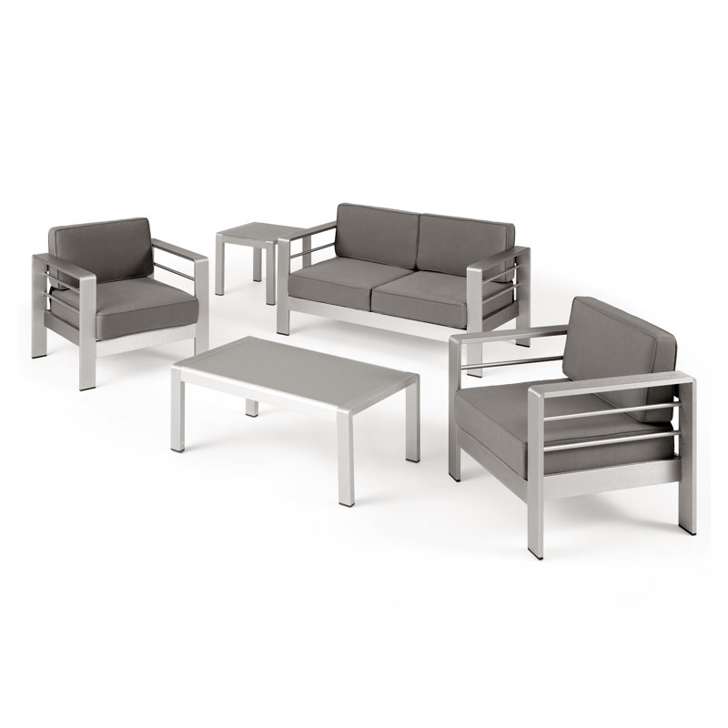 Ensemble de conversation d'extérieur 5 pièces avec coussins Mebane, Structure argent / coussin kaki