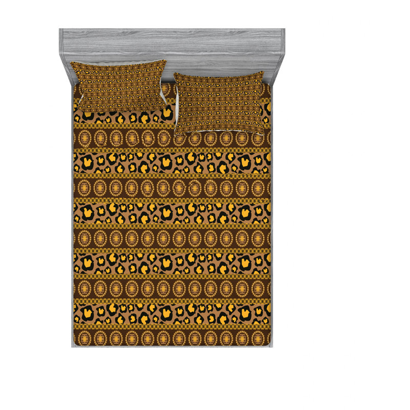 Ensemble de draps Ornament, Ensemble de draps pour lit double + un drap-housse, Brun / jaune, motif floral 2