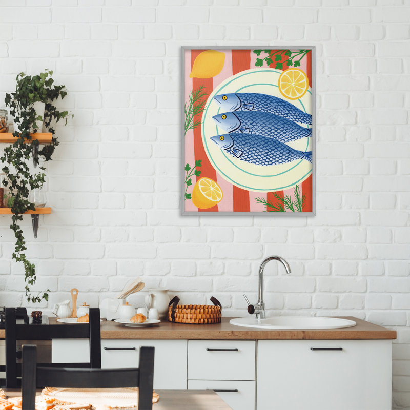 Giclée encadrée de fruits de mer et d'herbes sur rayures, design par Courtney Haley, H 20 po x l 16 po