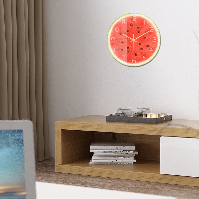 Horloge murale décorative ronde en acrylique à motif pastèque pour bureau ou chambre.