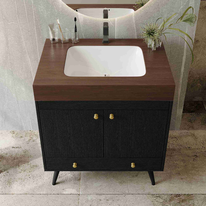 Meuble-lavabo autoportant Mid-Century, Noir, Noyer
