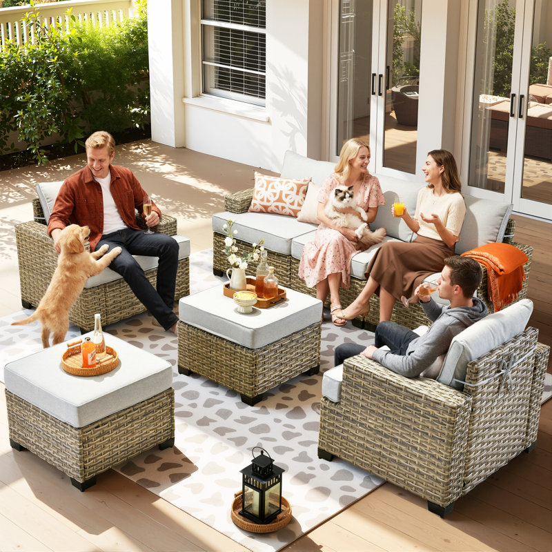 Outdoor Furniture 7 Pieces Set With Ottoman, Light Gray