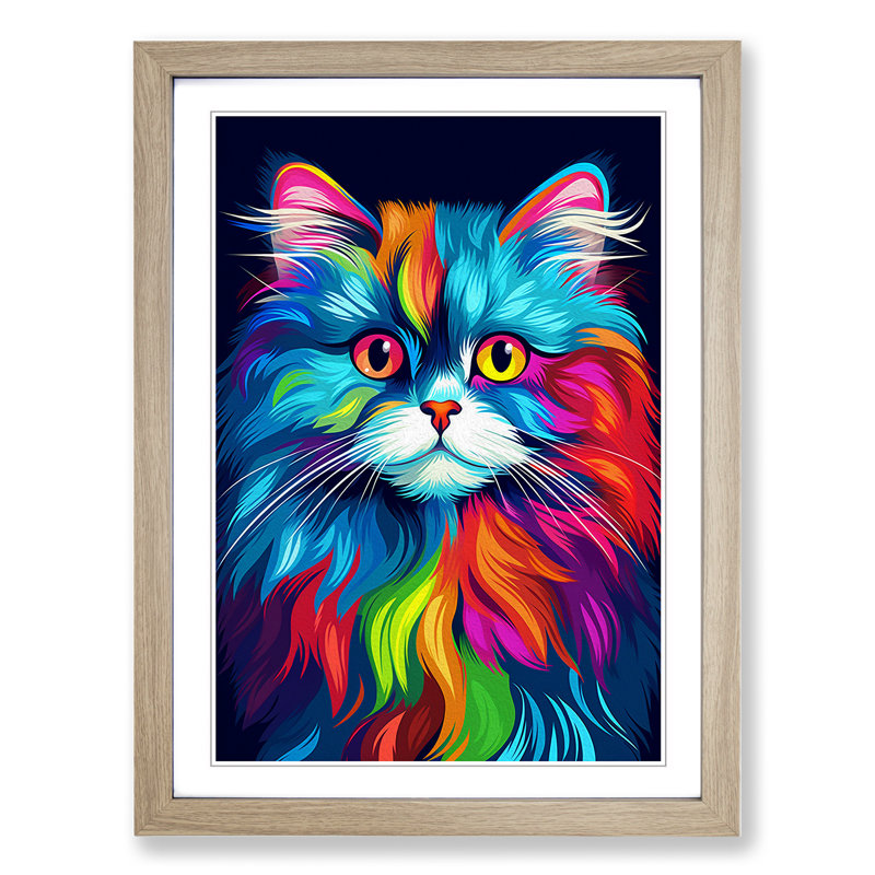 Persian Cat Pop - Single Picture Frame Print on Wood, Oak , 34cm H x 25cm W x 2cm D