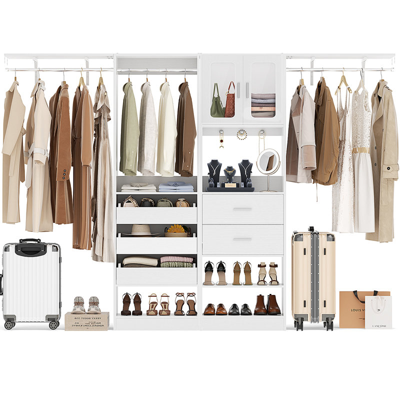 80"-120" Closet System With Door And Wooden Drawers(Adjustable Width), White