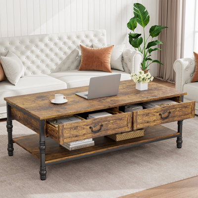 Table basse de salon, table de salle à manger en bois avec 2 grands tiroirs de rangement et tablette de rangement ouverte