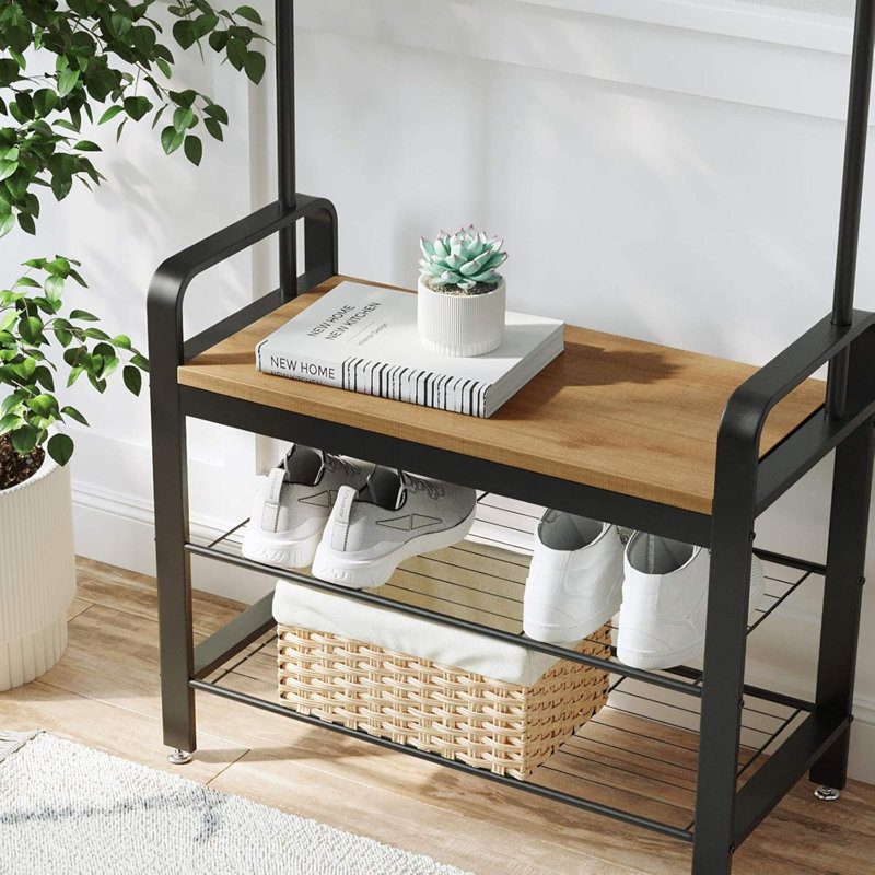 Coat Rack, Hall Tree With Shoe Bench For Entryway, Entryway Bench With Coat Rack, 4-In-1, With 9 Removable Hooks, A Hanging Rod, 13.3 X 28.3 X 72.1 Inches, Honey Brown And Black UHSR040B05