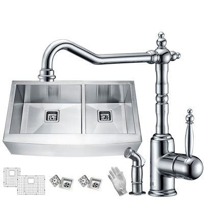 Elysian 33'' L Double Bowl Brass Kitchen Sink