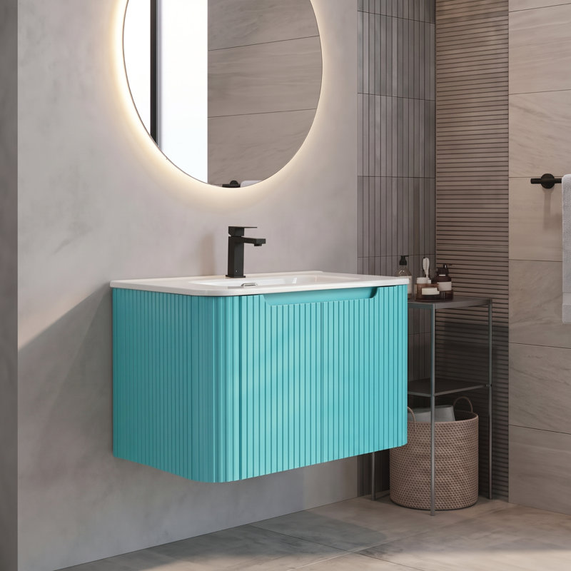 FINE FIXTURES Caskvalley 30" Wall-Mounted Single Bathroom Vanity with White Ceramic Sink and Soft-Close Door, Tiffany Blue