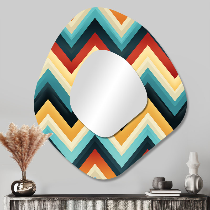 Tribal Fusion à motif de chevrons - Grand miroir mural moderne irrégulier à formes 3D, 35 po x 31 po
