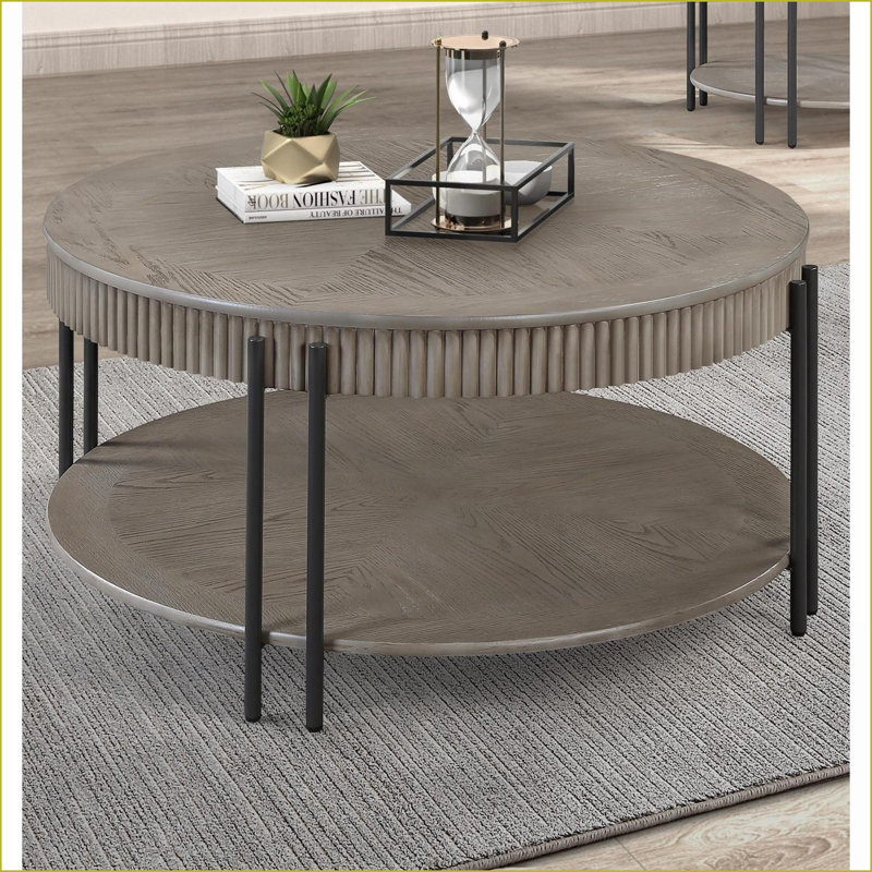 Table basse ronde contemporaine pour le salon - Finition beige / brun, pieds en métal durables et amp; Tablette de rangement peu encombrante
