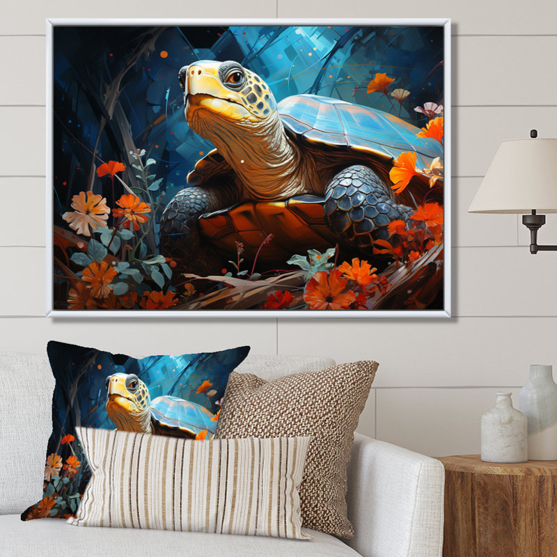 «Turtles Journey», collage floral sur toile, H 30 po x l 40 po x P 1,5 po, Cadre flottant blanc