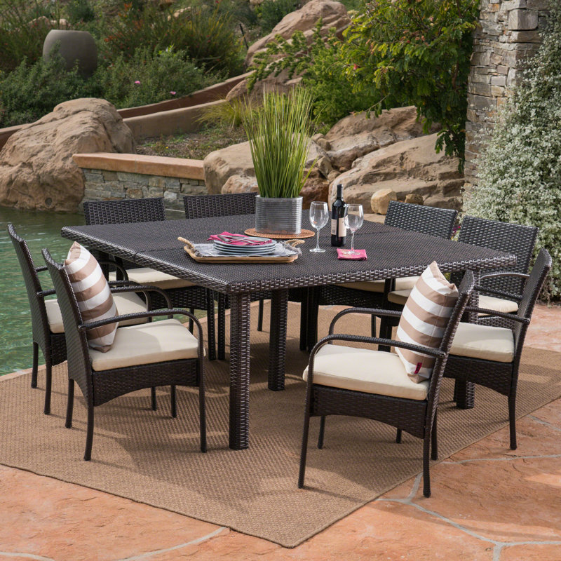 8 - Person Patio Dining Set with Square Table, Multibrown Frame / Creme Cushion