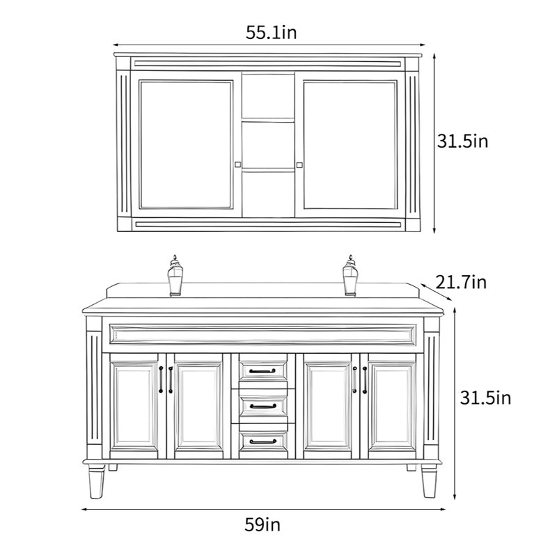 Meuble-lavabo sur pied brun américain, H 31,5 po x l 59 po x P 21,7 po