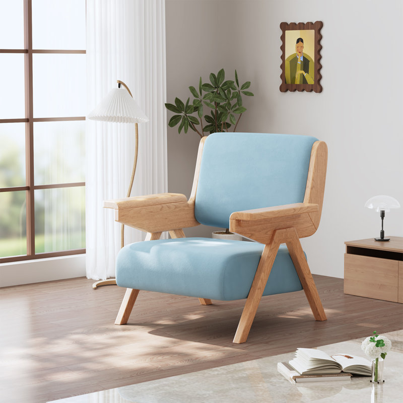 Mid Century Modern Accent Chair, Fabric Upholstered Lounge Arm Chair with Solid Wood Frame for Living Room, Bedroom, Office, Reading Corner (Blue)