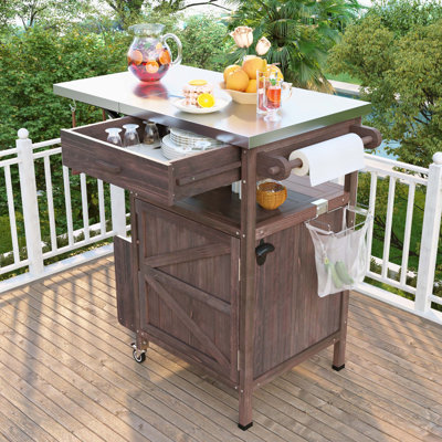 Chariot de préparation et de barbecue roulant en bois massif avec comptoir en acier inoxydable et abattant pliable, tiroir de rangement simple et porte-serviettes, roulettes mobiles verrouillables pour barbecue sur pelouse et jardin
