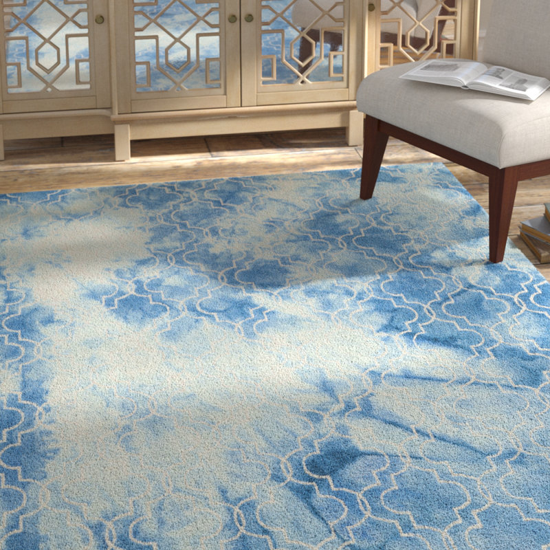 Berman Hand Tufted Wool/Cotton Geometric Rug in Ivory/Blue, Rectangle 6' x 9'