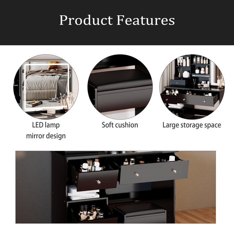 37" Middle Size Left Drawer Desktop Vanity Table + Cushioned Stool, Large Sliding, Touch Control, Tri-Color Switching, Brightness Adjust LED Mirror, High Capacity Storage, Suitable For Large Space