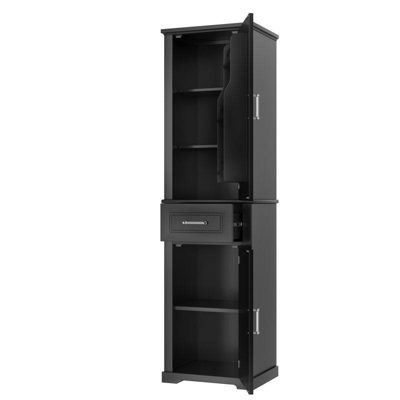 Tall Bathroom Storage Cabinet, Freestanding Storage Cabinet With Two Different Size Doors And Adjustable Shelf, Door Shelve Design, MDF Board With Painted Finish, Black