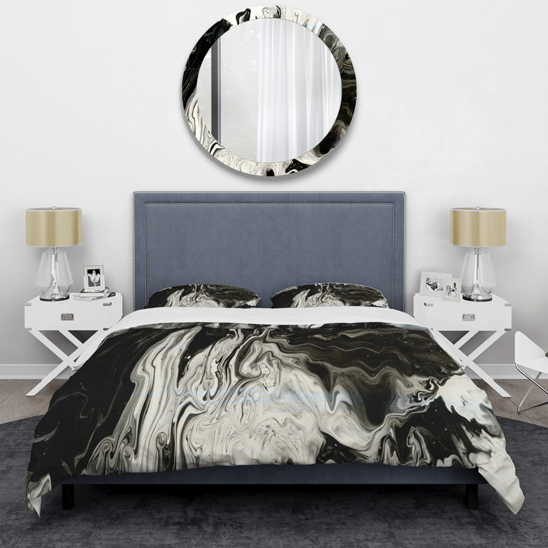Ensemble de housse de couette moderne et contemporain - acrylique blanc, gris et marbre blanc III, Noir/blanc