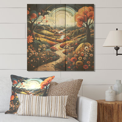 Colorful Rural Fantasy Landscape I - Romantic Landscape On Wood Print