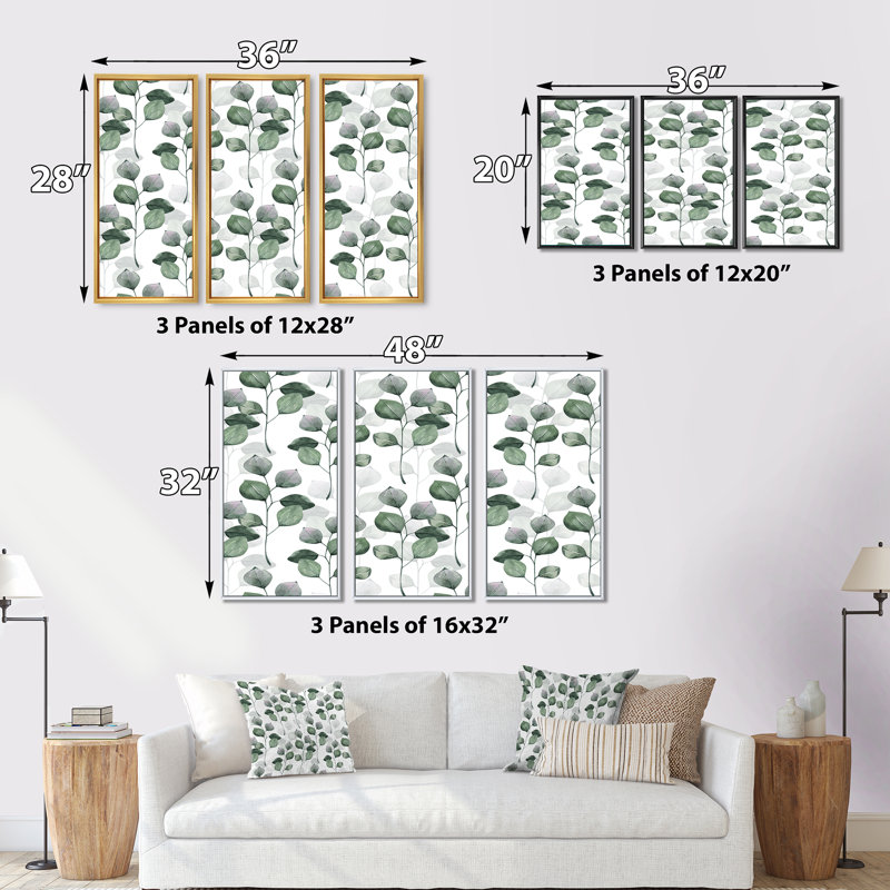 «Eucalyptus Branch On White I», ensemble de 3 impressions sur toile, Cadre noir, H 28 po x l 36 po x P 1 po
