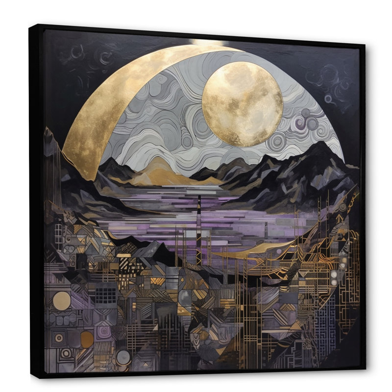Golden Rising Moon III, reproduction d'art sur toile, H 24 po x l 24 po x P 1 po, Cadre flottant noir