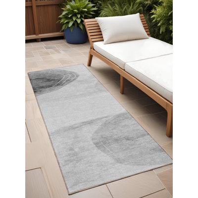 8' Runner Grey and Light Grey Abstract Washable Non Skid Indoor Outdoor Runner Rug