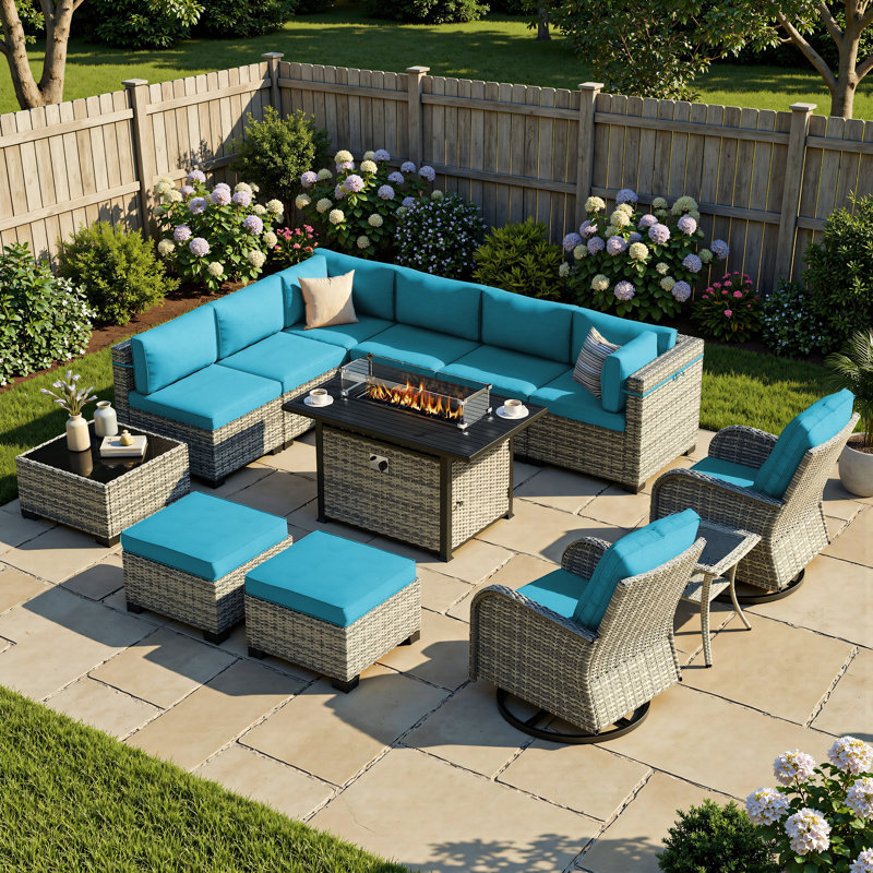 13-Piece Wicker Patio Conversation Set With Fire Pit Table, Modular Sectional, Swivel Rocker Chairs & Ottomans