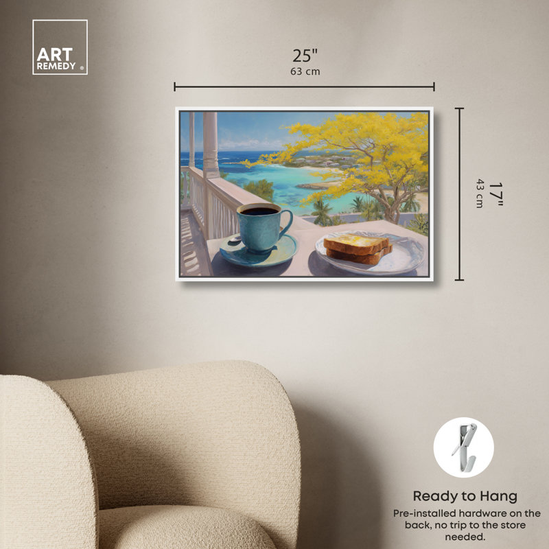 «Morning Toast Ocean View», reproduction d'art sur toile encadrée par Art Remedy, cadre blanc, 24 x 16, 17"H x 25"W