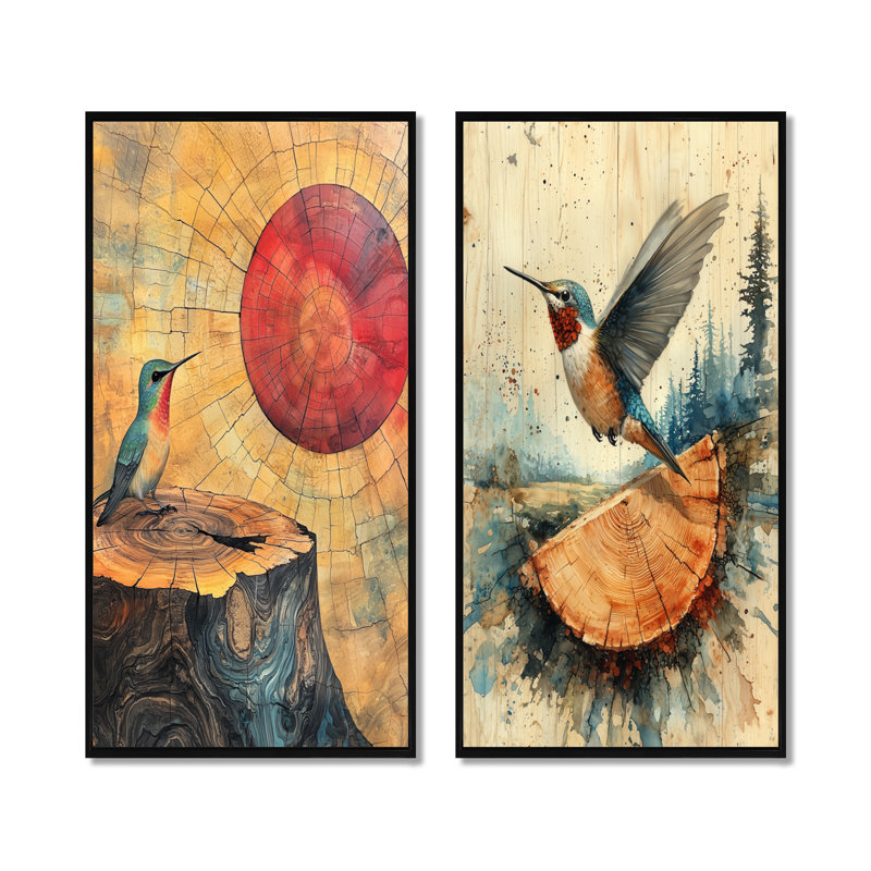Colibri dans la forêt, collection d'art mural 2 pièces, H 40 po x l 41 po, Cadre flottant noir