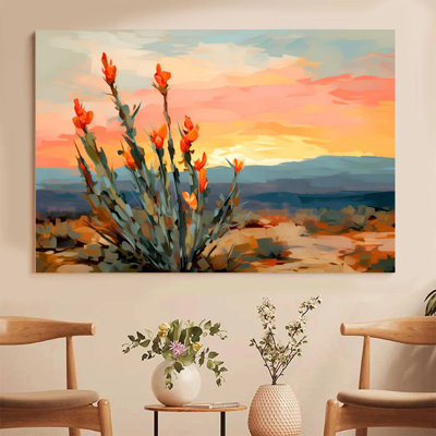 Canvas Wall Art - Desert Sunset with Orange Flower Cluster, Impressionist - 24" x 36" for Living Room and Bedroom