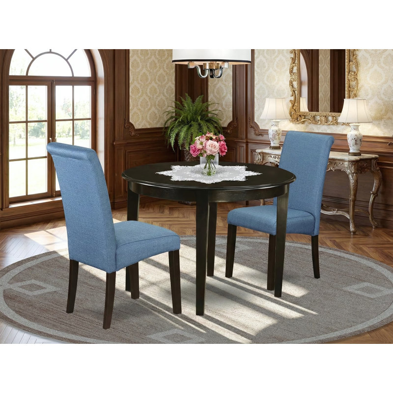Ensemble de coin repas 3 pièces pour petits espaces comprenant une table de salle à manger de cuisine ronde et 2 chaises Parson en tissu de couleur bleue, cappuccino de 42 po x 42 po