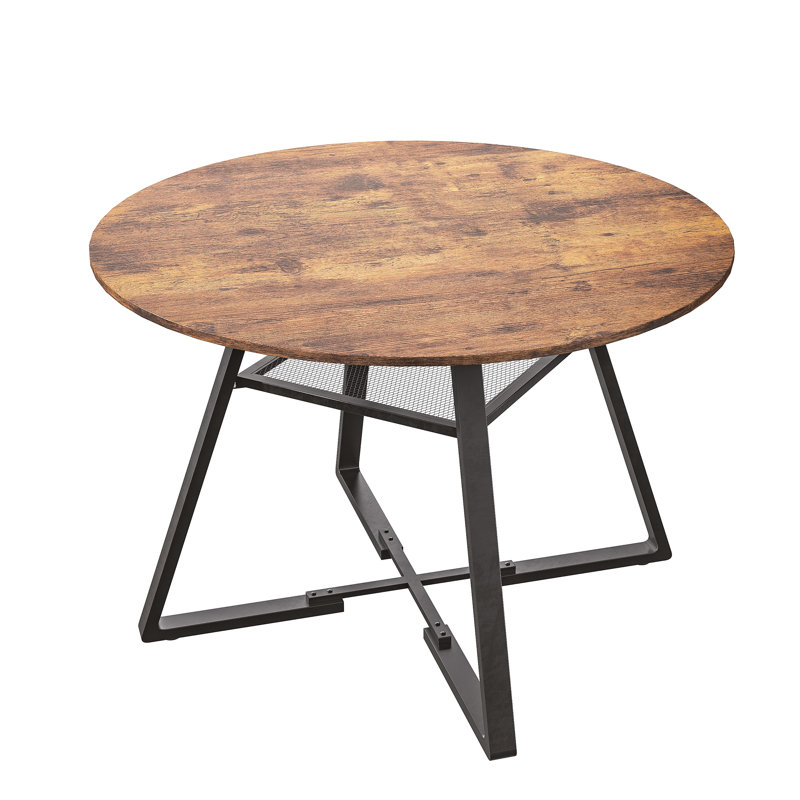 120cm Round Dining Table With Storage Shelf, Industrial Kitchen Table For 4-6 People, Rustic Brown & Black