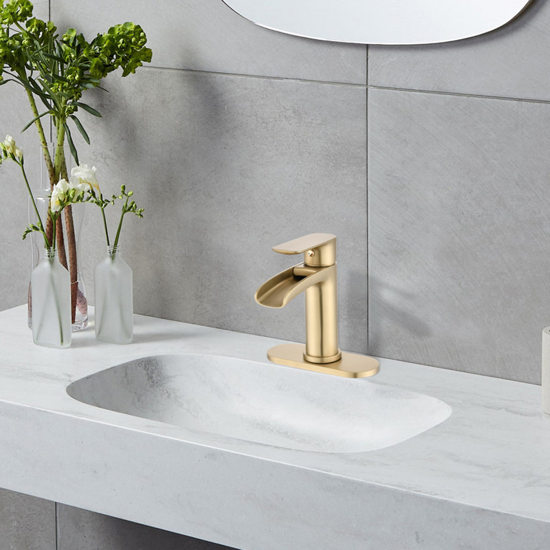 Robinet de lavabo pour salle de bain à poignée simple 1 ou 3 trous avec plaque de pont et trop-plein Nickel brossé, Or brossé