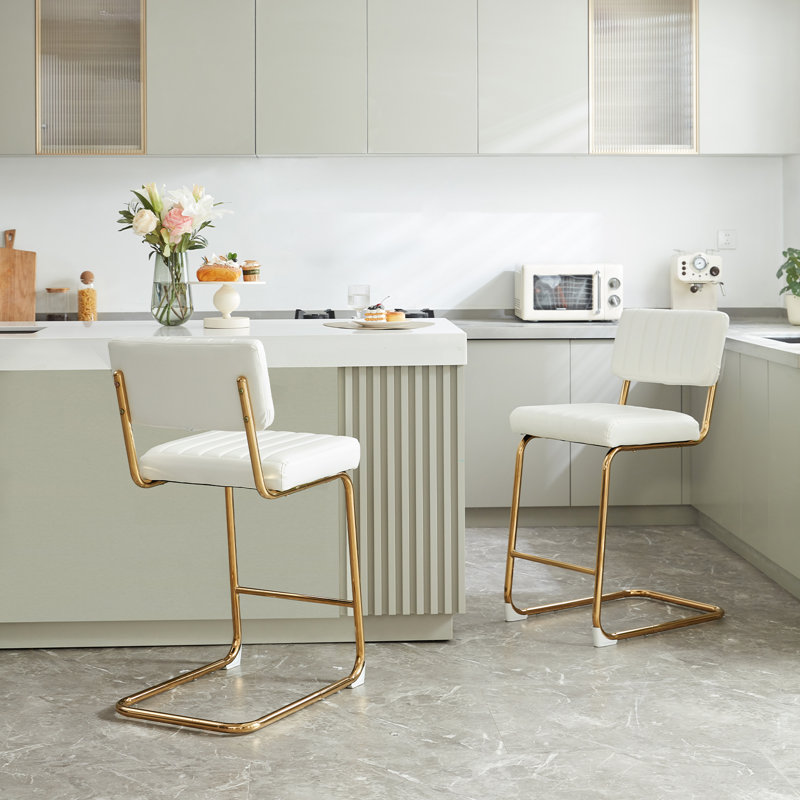 Modern Upholstery PU Leather Bar Stools with Chrome Legs, White/Gold 