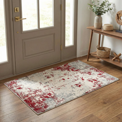 Rug Branch Solenne 3' x 5' (2'8" x 4'8") Red/Grey Abstract Indoor Doormat Rug, Contemporary, Medium Pile, Stain-Resistant Entry Carpet - Front Door, Mudroom, Hallway and Kitchen