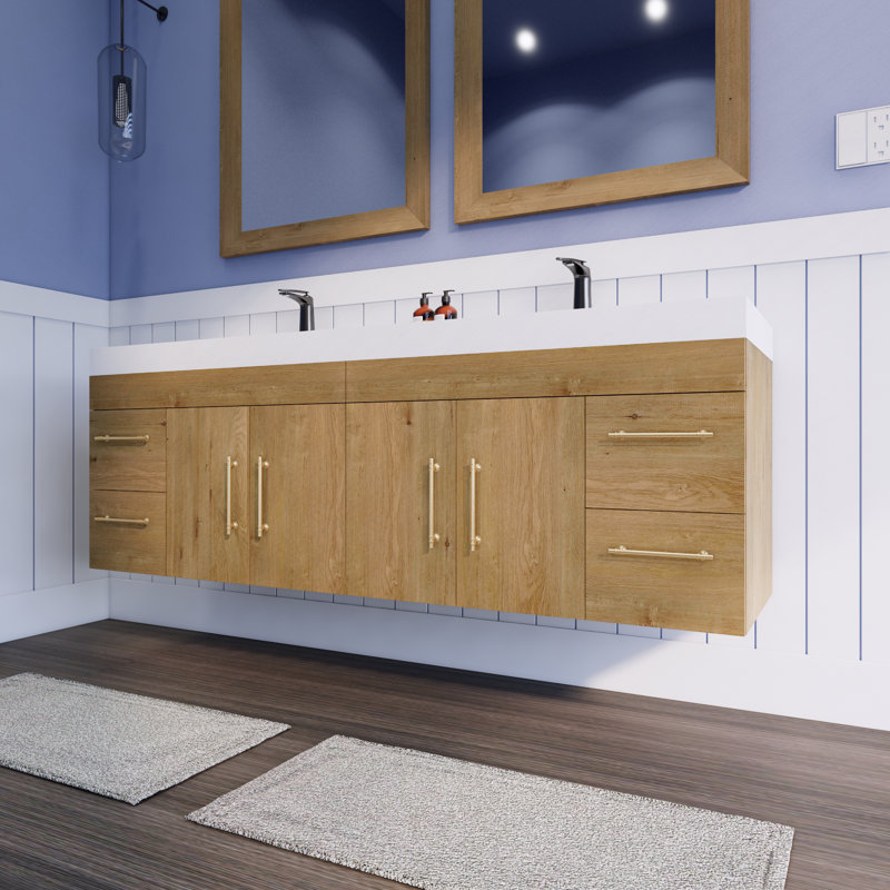 Meuble-lavabo double avec plateau en acrylique Amirea, Chêne et teck