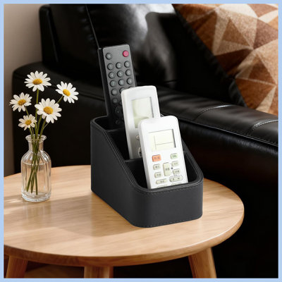 3 Compartments PU Leather Remote Control Holder, Black, Desk & Nightstand Storage Caddy