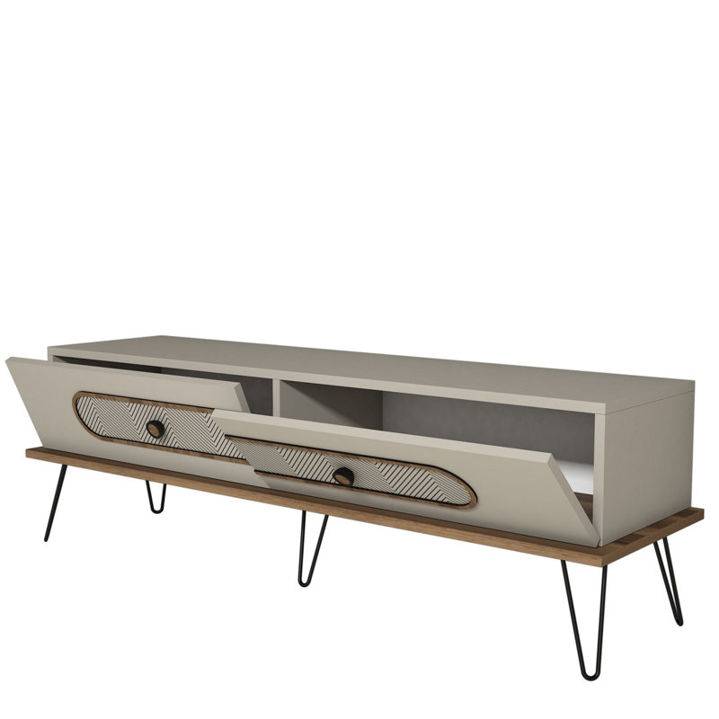 Modern Cream TV Stand with Metal Legs, 57.1 x 17.7 x 15.7 inches | 100% Melamine Coated Particle Board, Thickness: 0.7 inches | Numerous Shelves, Wall-Mountable | Scandinavian Design, Elegant & Functional