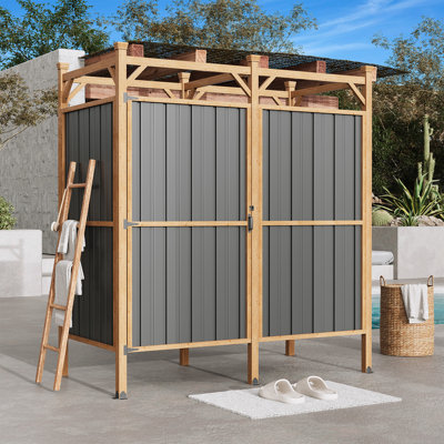 Outdoor Shower Enclosure With Lockable Door, Privacy Outside Shower Stall With Metal Panels, Hooks & Shelves - For Pool Wash Station, Backyard & Beach Rinse Area