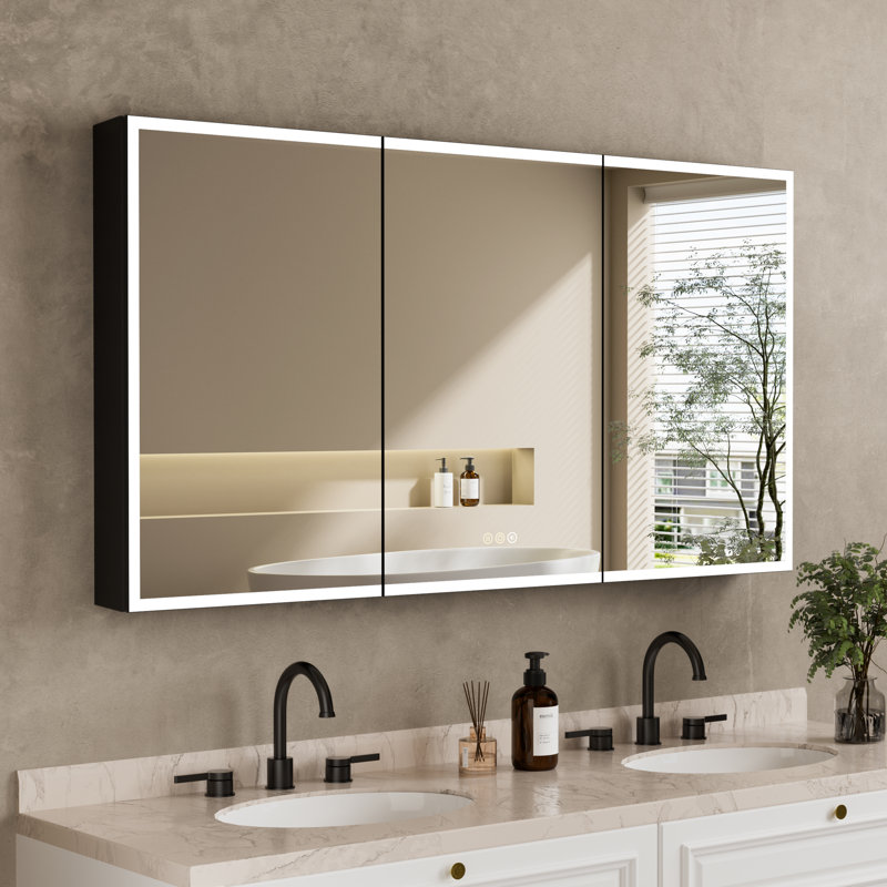 Armoire à pharmacie avec miroir à DEL l 60 po x H 32 po Tyrise, homologuée ETL, éclairage à intensité variable, désembueur antibuée, très grand rangement, tablettes réglables, encastré ou à fixation en surface